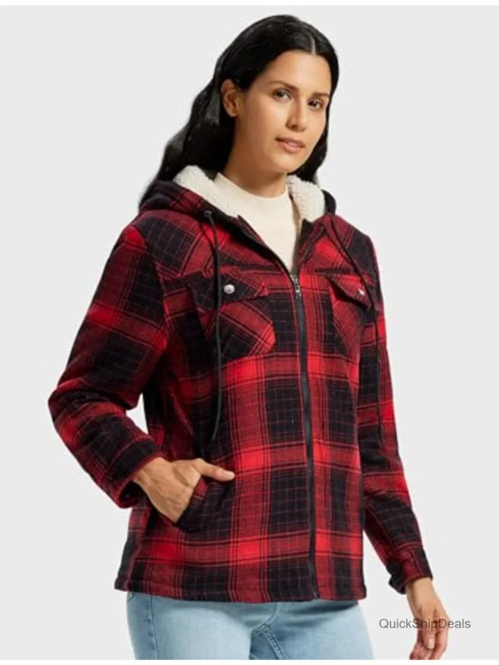 Women's Fleece Zip Up Hoodie Plaid Flannel Jacket With Pockets
